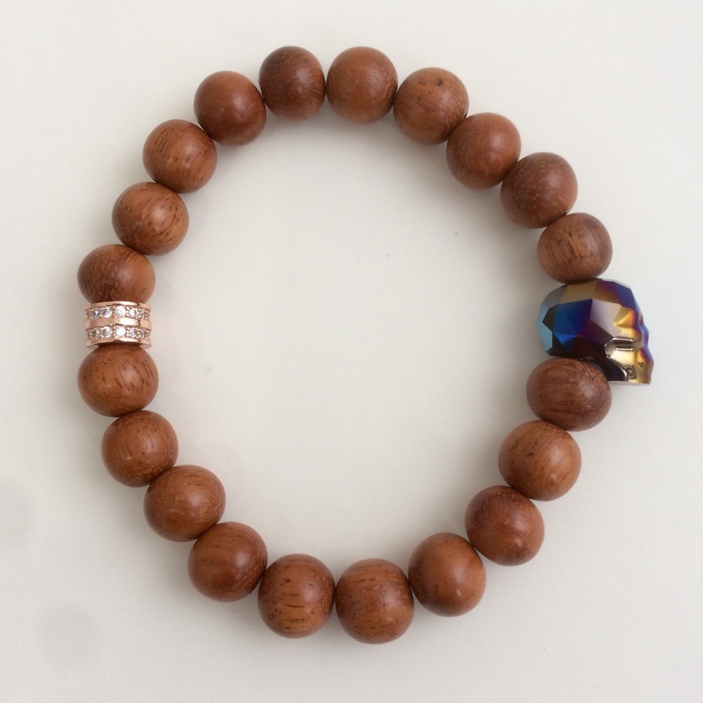 Blue Metallic Swarovski Skull Wood CZ Bracelet 8"